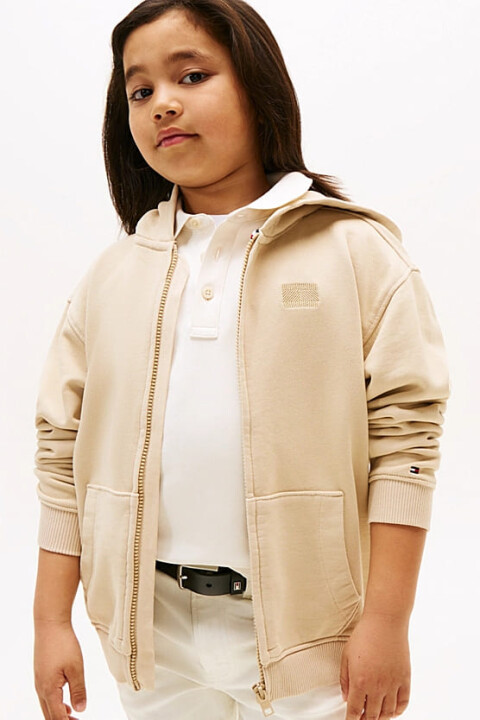 Erkek Çocuk Regular Fit Kapüşonlu Fermuarlı Tonal Logolu Sweatshirt - Bej - Tommy Hilfiger