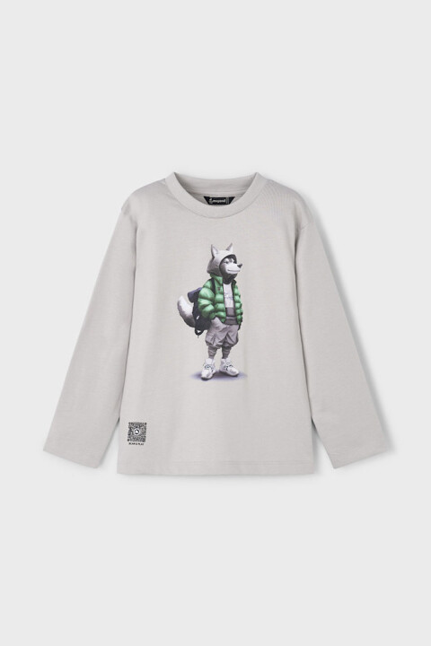 Erkek Çocuk Regular Fit Kurt Baskılı Uzun Kollu T-shirt - Gri 