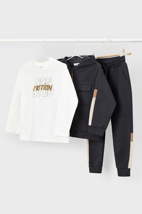 Erkek Çocuk Renk Bloklu Kapüşonlu 3 Parça Eşofman Takımı - Antrasit 
