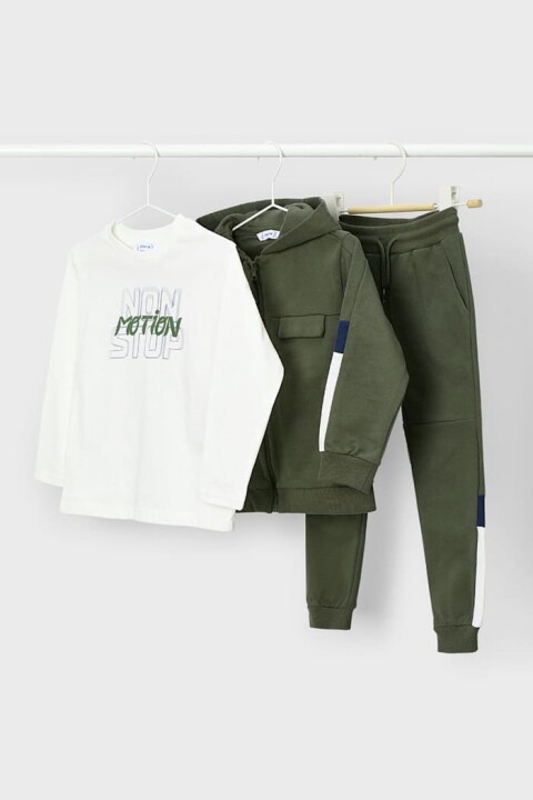 Erkek Çocuk Renk Bloklu Kapüşonlu 3 Parça Eşofman Takımı - Haki/Krem - Mayoral