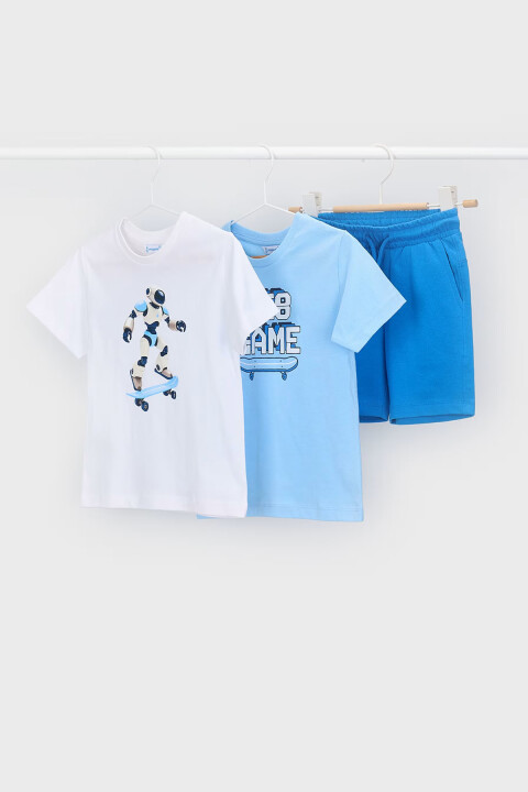 Erkek Çocuk Robot Baskılı 3'lü Şort ve T-Shirt Takımı - Gök Mavisi - Mayoral