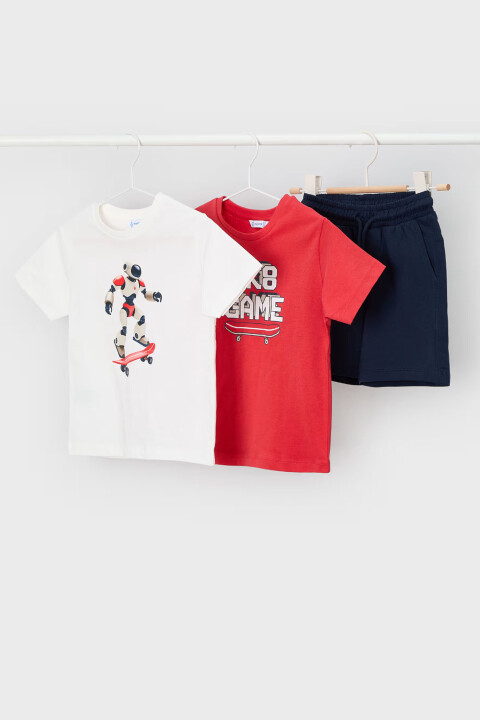 Erkek Çocuk Robot Baskılı 3'lü Şort ve T-Shirt Takımı - Kırmızı/Lacivert - Mayoral