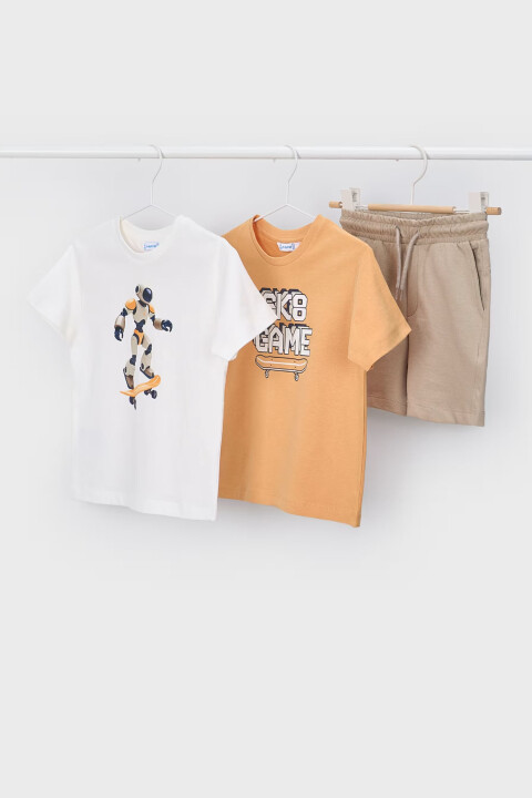 Erkek Çocuk Robot Temalı 3'lü T-Shirt ve Şort Seti - Turuncu/Ekru/Bej - Mayoral