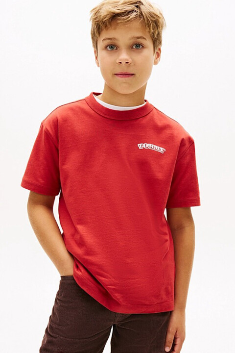 Erkek Çocuk Sırt Baskılı Pamuklu T-Shirt - Kiremit Kırmızısı 
