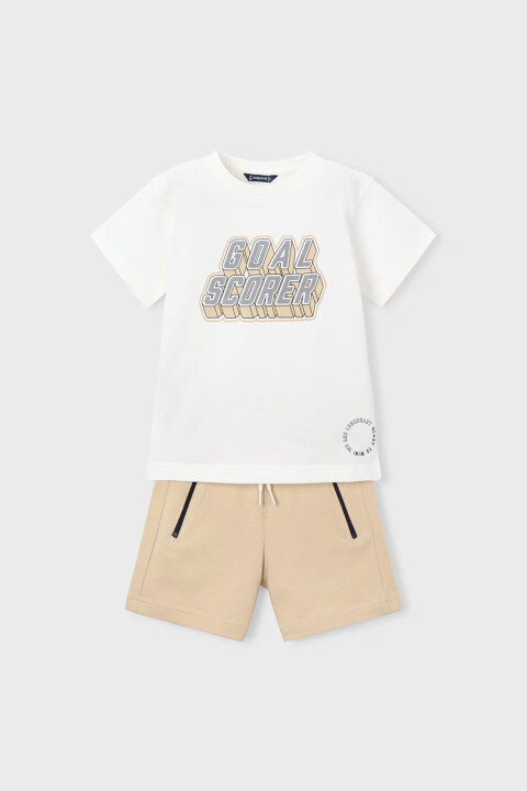 Erkek Çocuk Sportif Yazı Baskılı Şort ve T-Shirt Takımı - Bej 