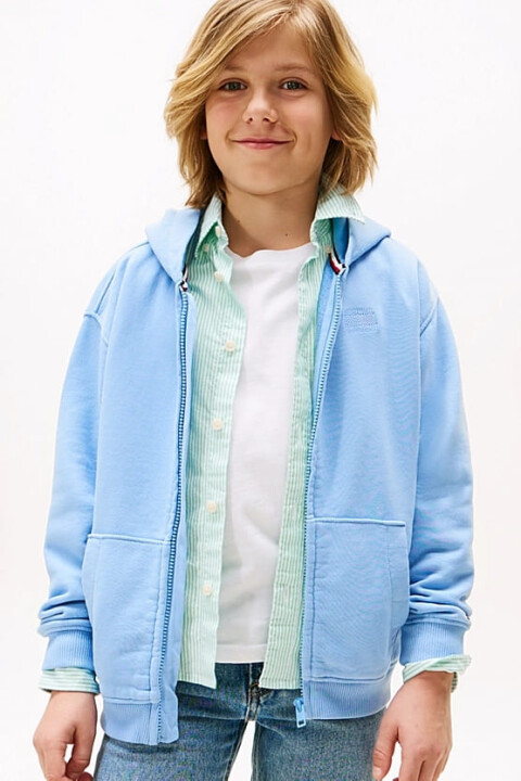 Erkek Çocuk Tonal Logo Fermuarlı Kapüşonlu Sweatshirt - Mavi - Tommy Hilfiger