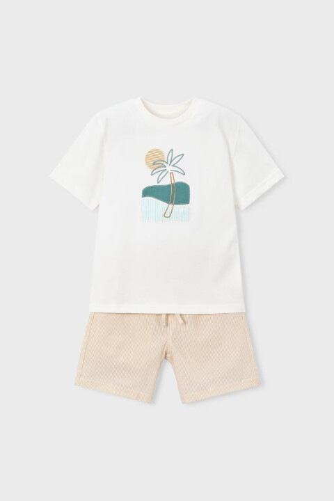 Erkek Çocuk Tropikal Nakış Detaylı Şort ve T-Shirt Takımı - Bej/Ekru - Mayoral