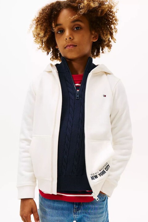 Erkek Çocuk Yazı Baskılı Kapüşonlu Fermuarlı Sweatshirt - Kırık Beyaz - Tommy Hilfiger