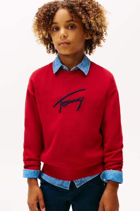 Erkek Çocuk Yuvarlak Yaka Triko Kazak – Kırmızı - Tommy Hilfiger