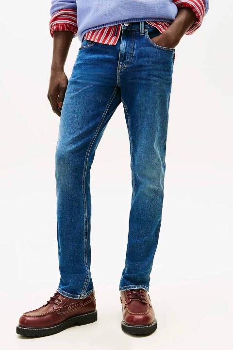 Erkek Dar Kesim Yıkanmış Jean Pantolon - Mavi - Tommy Hilfiger