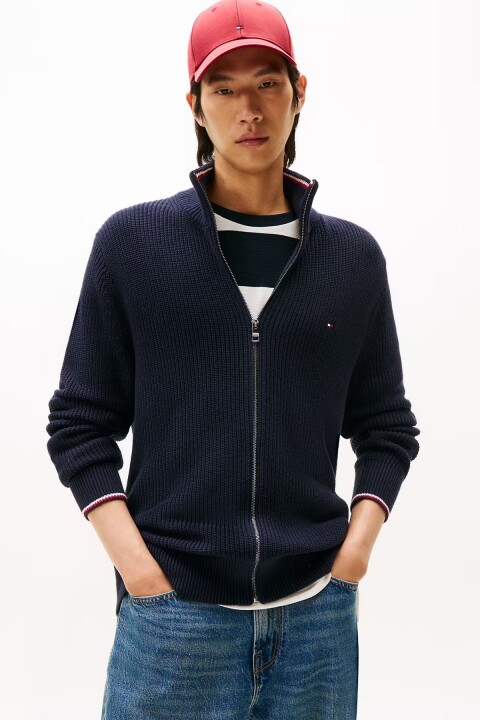 Erkek Dik Yaka Tam Kalıp Ribana Örgü Fermuarlı Triko Hırka - Lacivert - Tommy Hilfiger