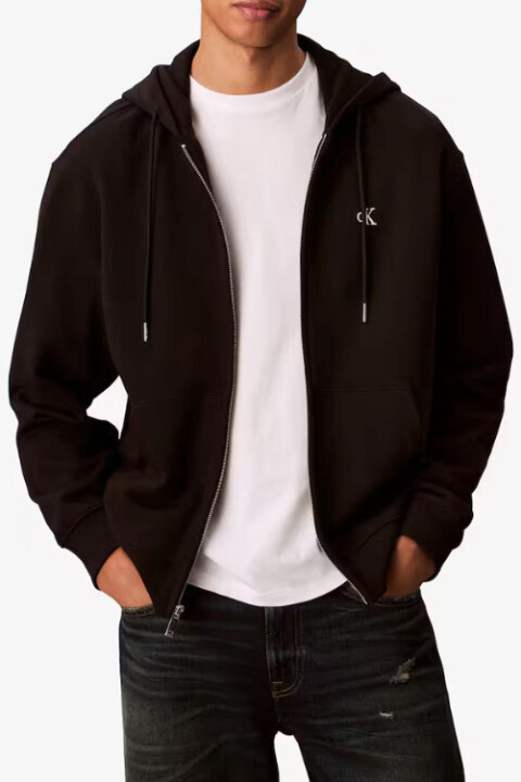 Erkek Fermuarlı Kapüşonlu Pamuklu Sweatshirt - Siyah 