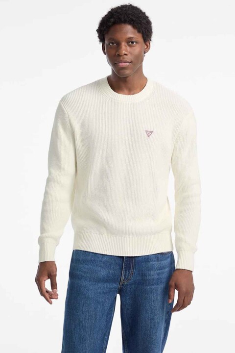 Erkek Fitilli Logolu Standart Kalıp Triko Kazak - Krem 