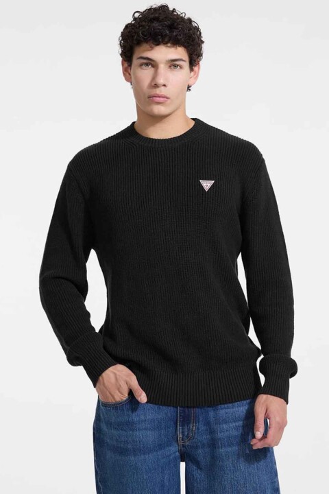 Erkek Fitilli Logolu Standart Kalıp Triko Kazak - Siyah 