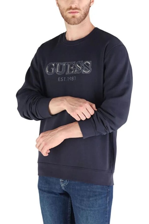 Erkek Fleece Standart Kalıp Bisiklet Yaka Logolu Sweatshirt - Lacivert 