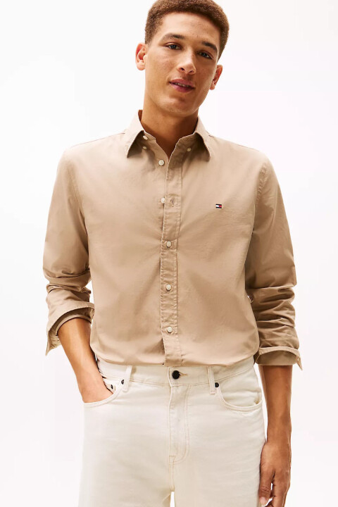 Erkek Flex Poplin Solid Regular Fit Gömlek - Bej 
