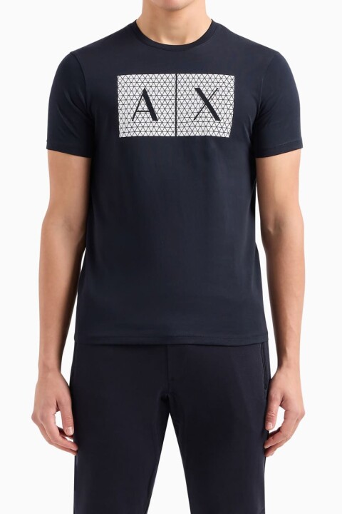 Erkek Geometrik Grafik Baskılı T-Shirt - Lacivert 