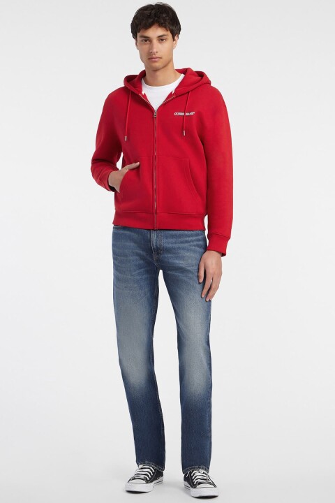 Erkek Gj Zıp Göğüs Logolu Kapüşonlu Sweatshirt - Kırmızı 