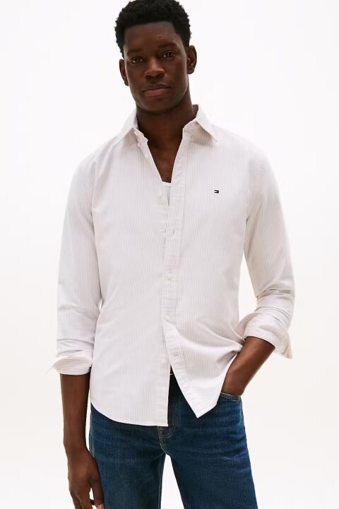 Erkek Heritage Oxford Çizgili Regular Fit Gömlek - Bej/Beyaz - Tommy Hilfiger