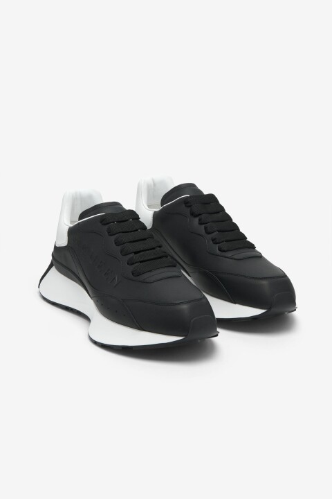 Erkek Kabartmalı Logolu Deri Sneakers - Siyah/Beyaz - McQueen