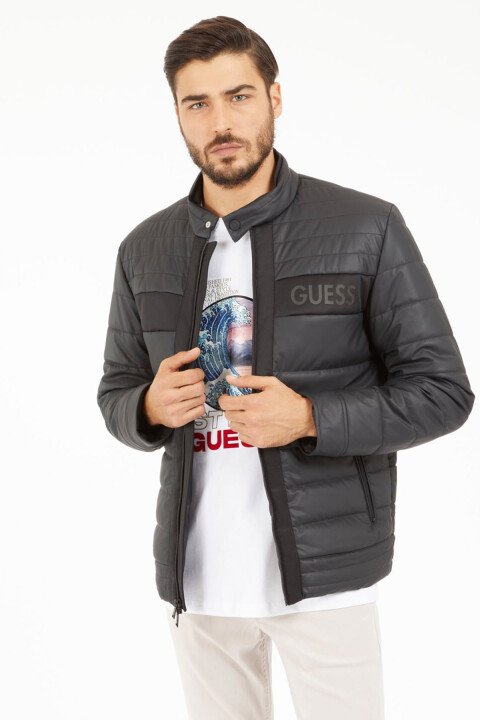 Erkek Kapitone Fermuarlı Biker Mont - Siyah 