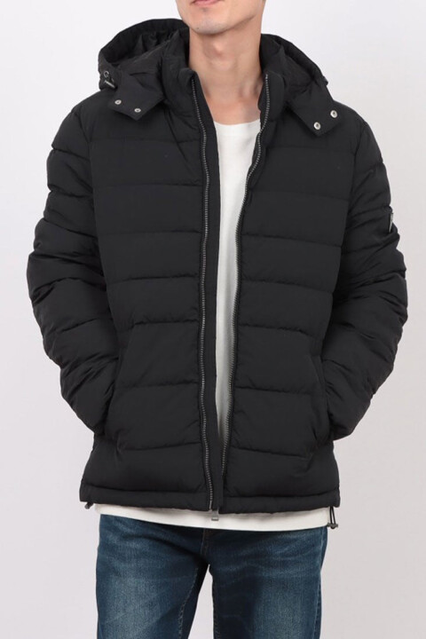 Erkek Kapüşonlu Fermuarlı Şişme Mont - Siyah 