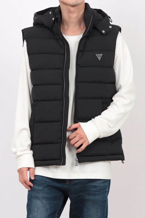 Erkek Kapüşonlu Fermuarlı Şişme Yelek - Siyah - Guess