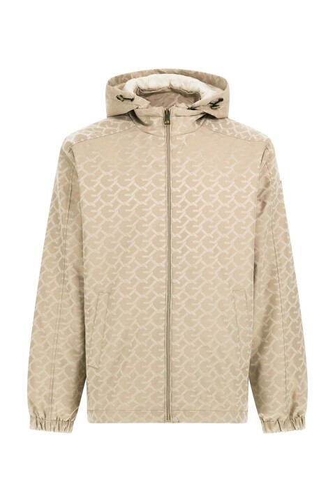 Erkek Kapüşonlu Monogram Desenli Rüzgarlık - Bej - Guess