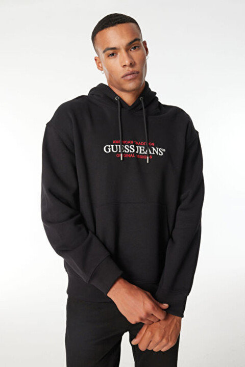 Erkek Kapüşonlu Nakış Logolu Kanguru Cepli Sweatshirt - Siyah - Guess