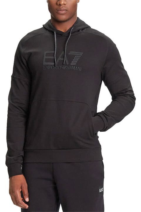 Erkek Kapüşonlu Tam Kalıp Göğüs Logolu Sweatshirt - Siyah - Ea7