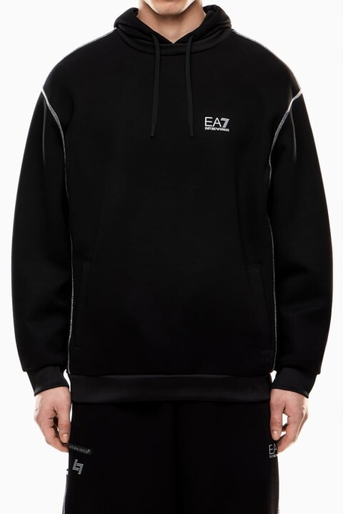 Erkek Kapüşonlu Tam Kalıp Kontrast Dikişli Sweatshirt - Siyah - Ea7