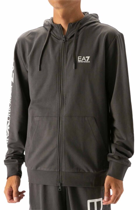 Erkek Kapüşonlu Tam Kalıp Logo Baskılı Fermuarlı Sweatshirt - Antrasit - Ea7