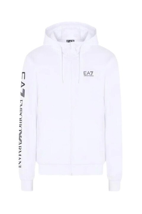 Erkek Kapüşonlu Tam Kalıp Logo Baskılı Fermuarlı Sweatshirt - Beyaz 