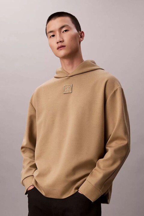 Erkek Kapüşonlu Tam Kalıp Yün Karışımlı Kare Logo Detaylı Sweatshirt - Bej - Calvin Klein