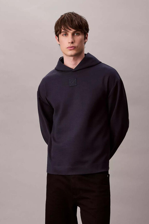 Erkek Kapüşonlu Tam Kalıp Yün Karışımlı Kare Logo Detaylı Sweatshirt - Lacivert 