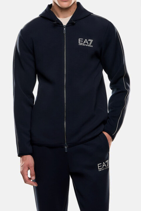 Erkek Kapüşonlu Uzun Kollu Şerit Detaylı Fermuarlı Sweatshirt - Lacivert/Sarı 