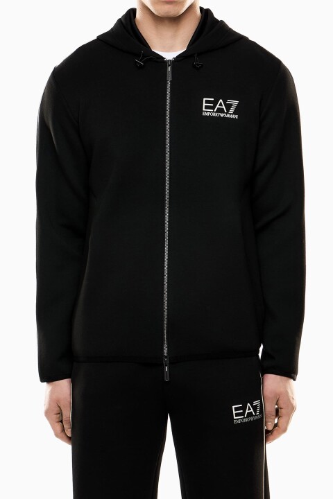 Erkek Kapüşonlu Uzun Kollu Şerit Detaylı Fermuarlı Sweatshirt - Siyah/Sarı - Ea7