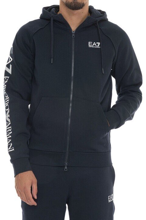 Erkek Kapüşonlu ve Logolu Fermuarlı Sweatshirt - Lacivert 