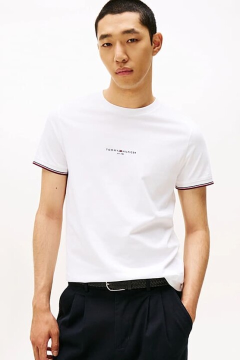 Erkek Kol Ucu Çizgili Baskı Logolu Pamuklu T-Shirt - Beyaz 