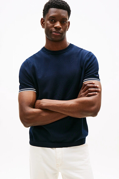 Erkek Kol Ucu Çizgili Kısa Kollu Triko T-Shirt - Lacivert - Tommy Hilfiger