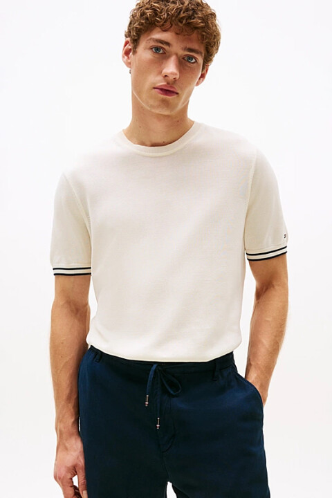 Erkek Kol Ucu Çizgili Kısa Kollu Triko T-Shirt - Krem 