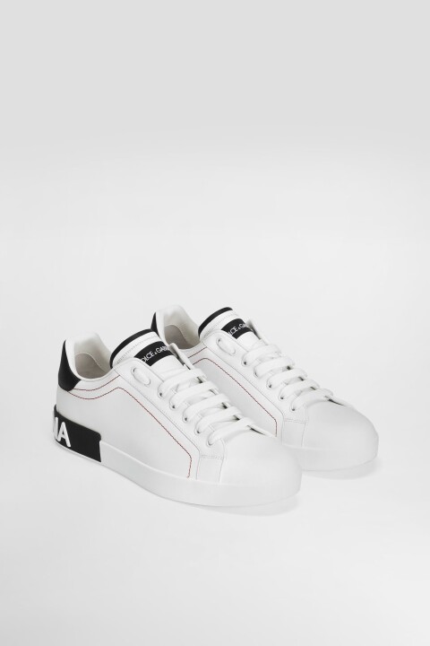 Erkek Kontrast Dikişli Deri Sneakers - Beyaz/Siyah - Dolce&gabbana