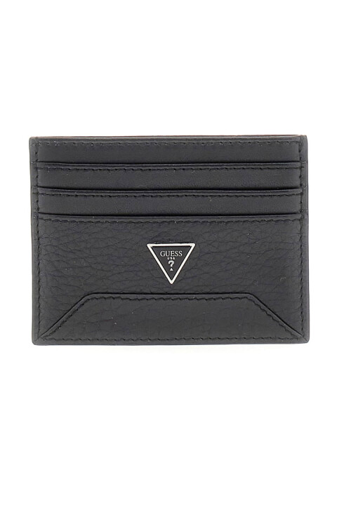 Erkek Logolu Dokulu Deri Kartlık - Siyah 