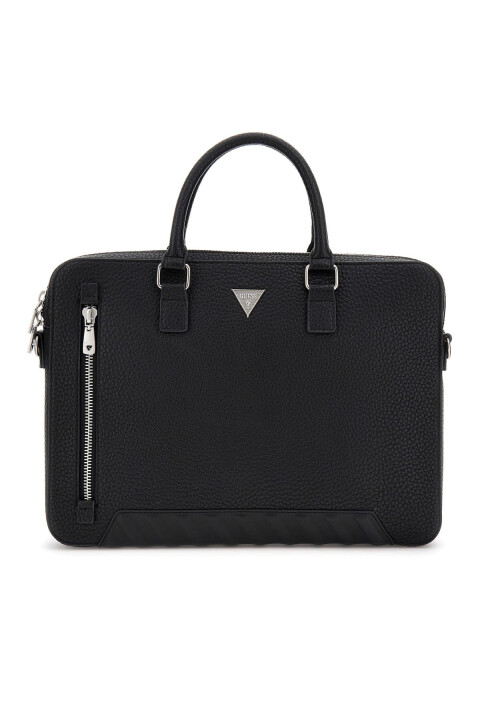 Erkek Metal Logolu Dokulu Evrak Çantası - Siyah - Guess