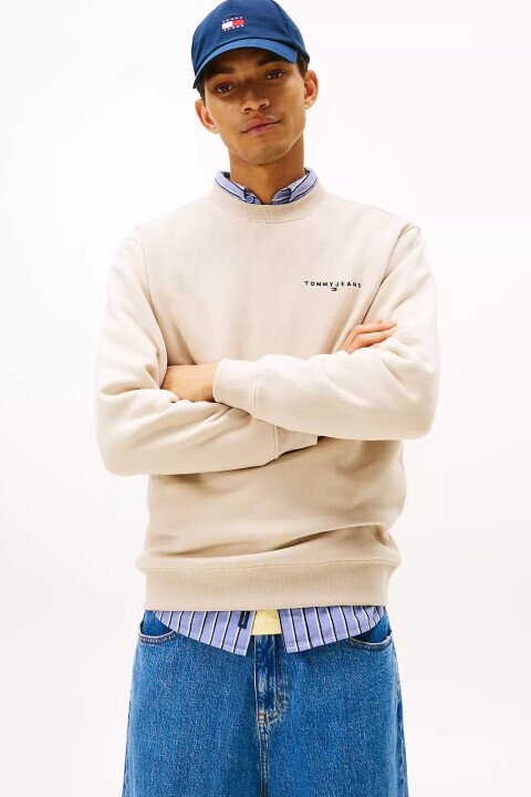 Erkek Minimal Logo Detaylı Bisiklet Yaka Sweatshirt - Bej 