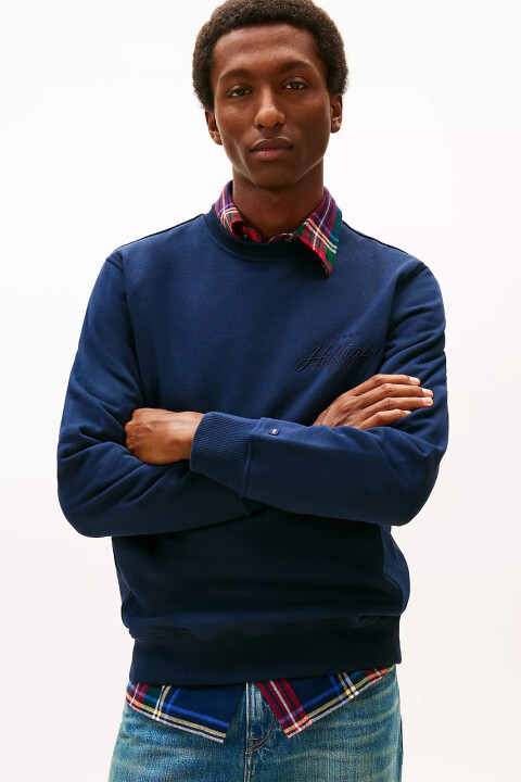 Erkek Modern Script Logolu Bisiklet Yaka Sweatshirt - Lacivert 