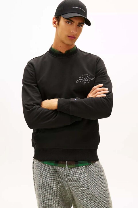 Erkek Modern Script Logolu Bisiklet Yaka Sweatshirt - Siyah 