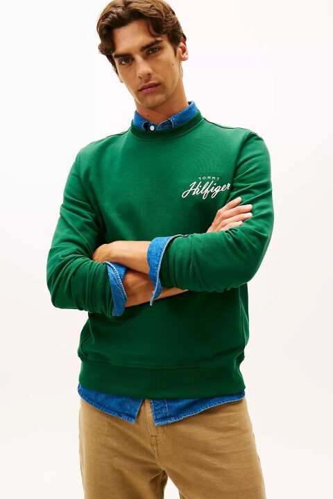 Erkek Modern Script Logolu Bisiklet Yaka Sweatshirt - Yeşil 