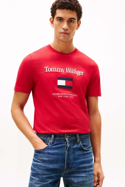 Erkek Nakış Logolu Pamuklu T-Shirt - Kırmızı 