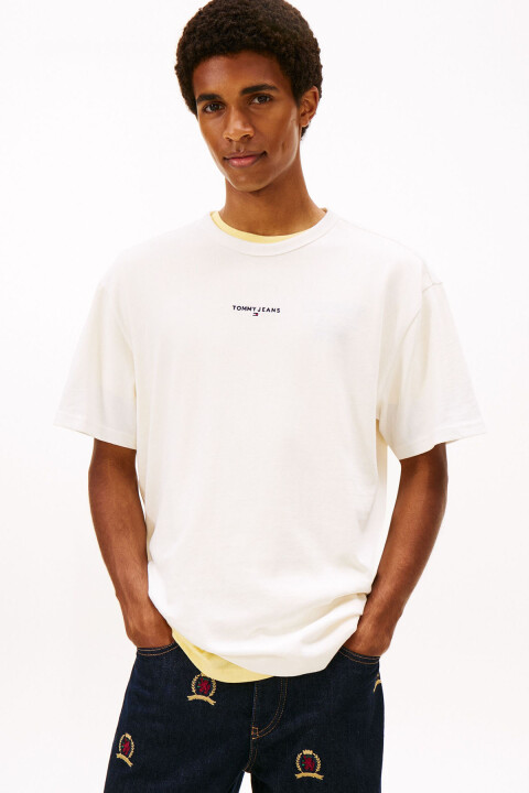 Erkek Nakış Logolu Rahat Kesim T-Shirt - Ekru 